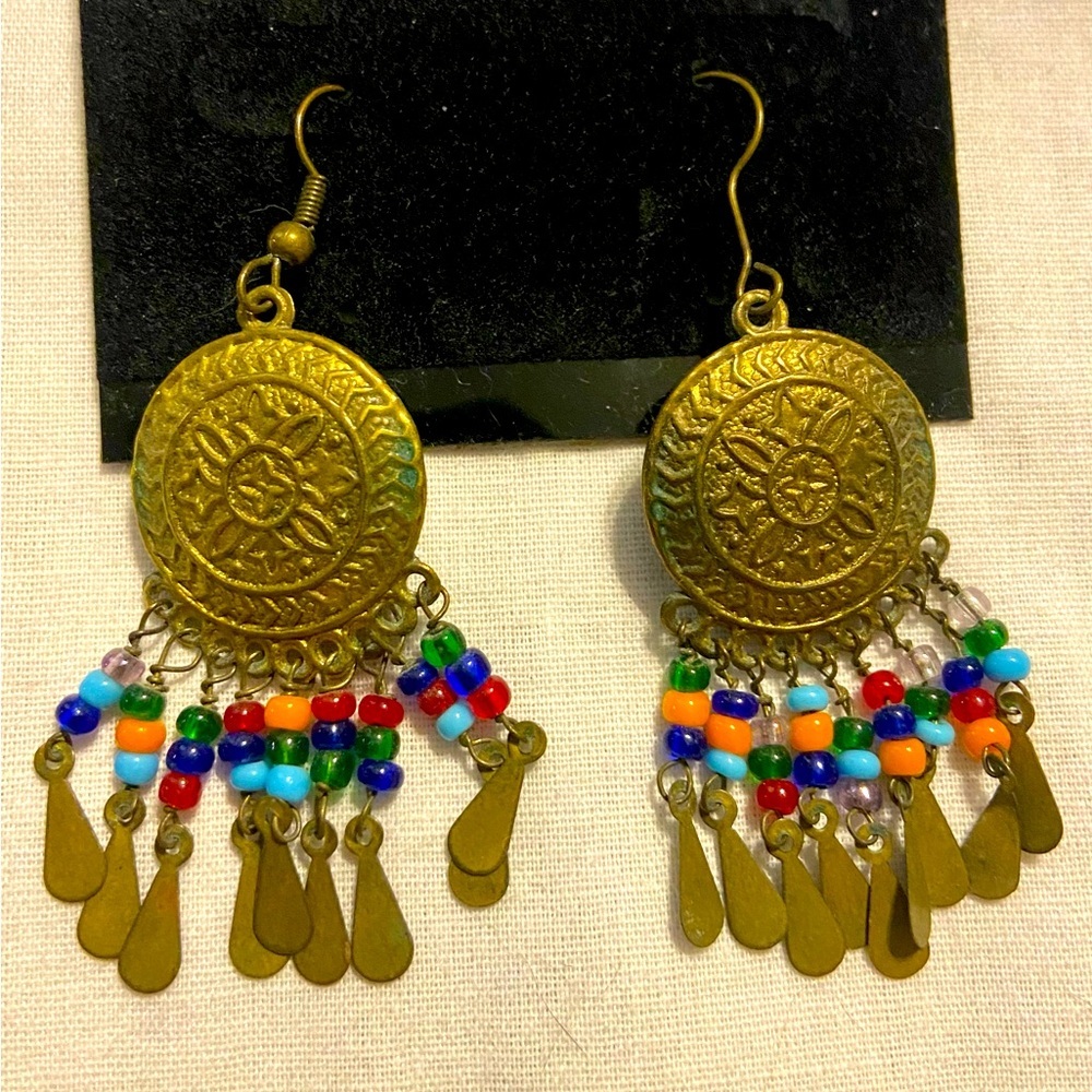 Earrings Dangle 3.5" Drop Boho Gypsy Bohemian Multicolor Beads Metal Hippy